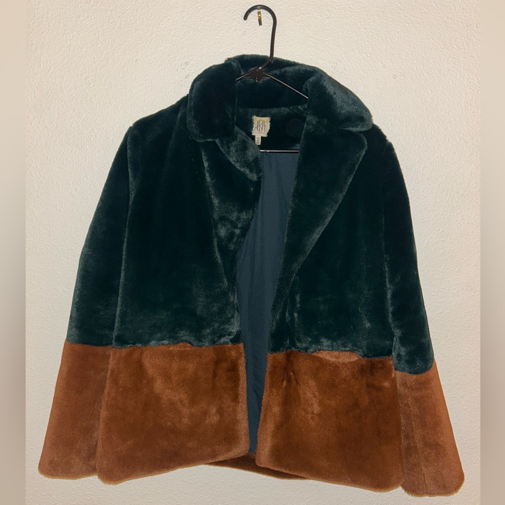 Stylish Green and Brown Faux Fur Coat